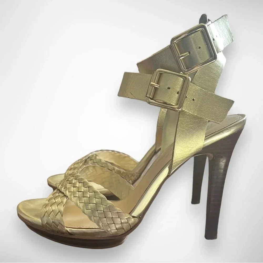 MARC FISHER Cari Gold Leather Open Toe High Heel Sandals Size‎ 7 | EUC